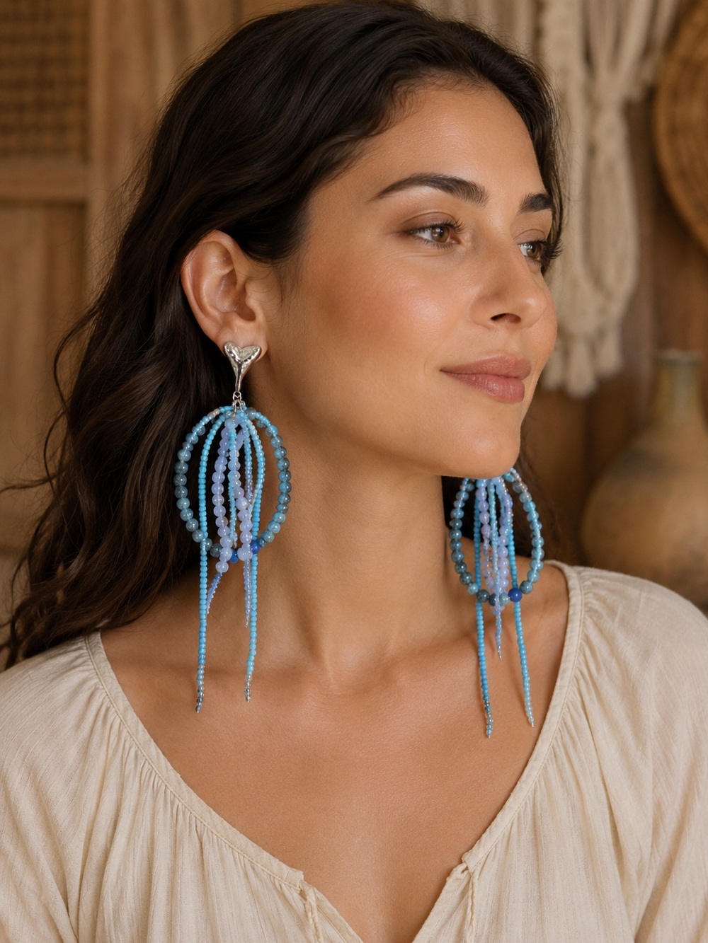 NWT Free People Blue Beaded Statement Earrings MSRP $48